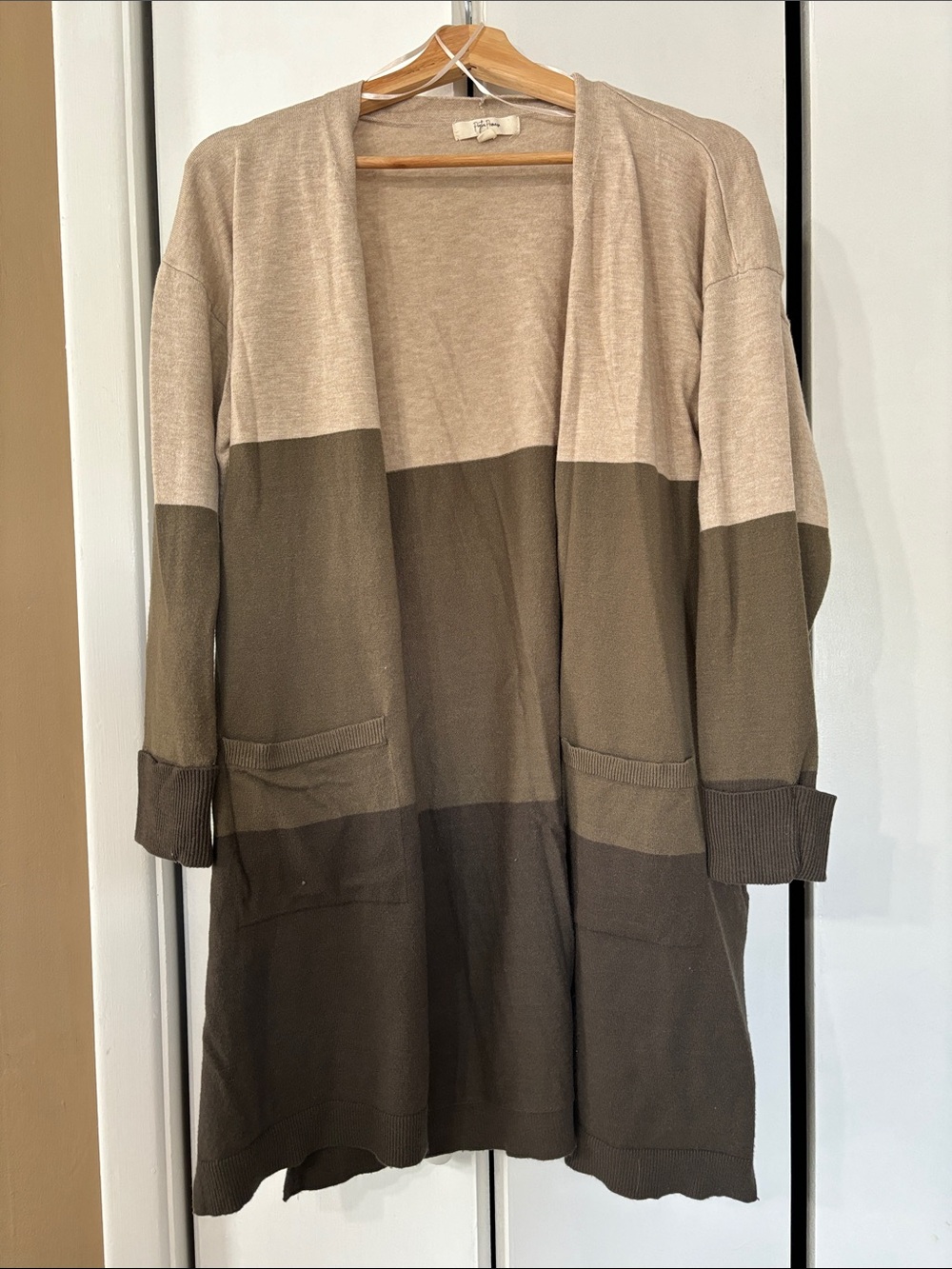 Peyton Primrose Long Open-Front Colorblock Cardigan Sweater